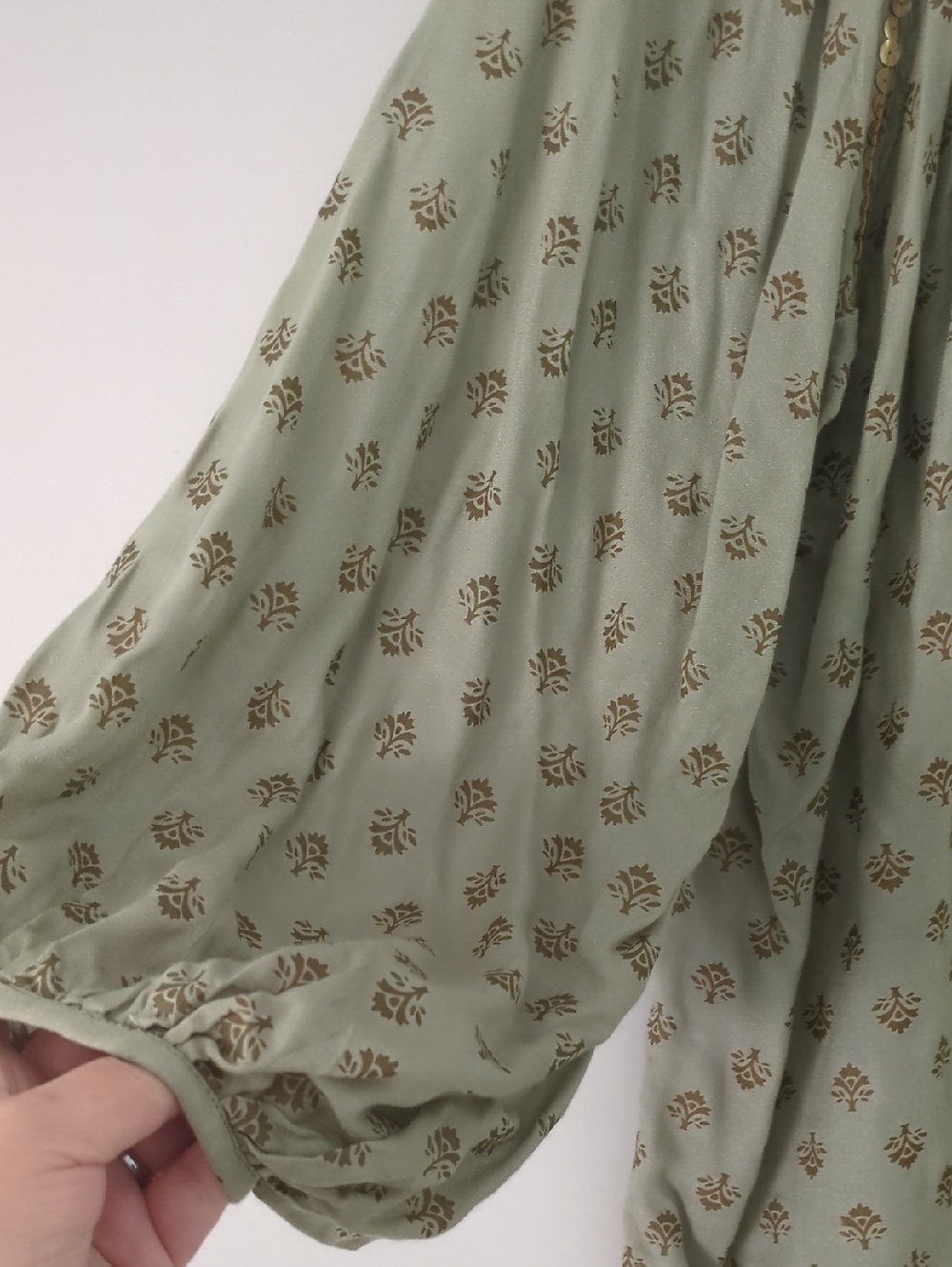 Miss June Paris Light Green Gold Dot Peasant Blouse - Women Tops Boho Beach Sz L - Picture 5 of 8